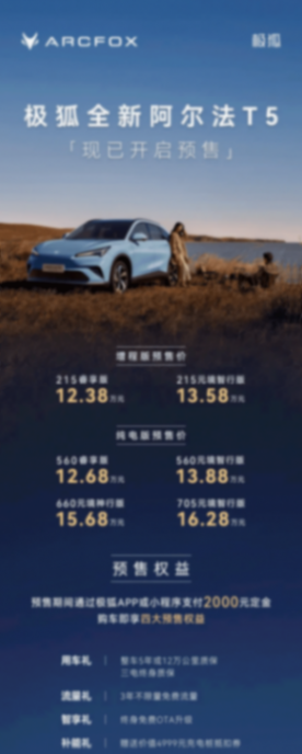 極狐全新阿爾法T5開啟預(yù)售 推出增程版車型,預(yù)售價(jià)12.38萬起