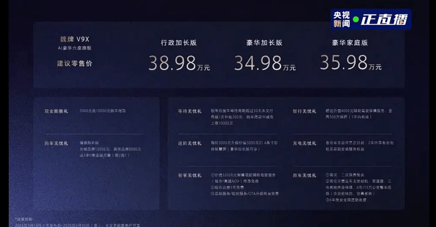 魏牌V9X:34.98萬起,超級Hi4插混、空氣懸架、EDC、后輪轉(zhuǎn)向、大電池、長續(xù)航、六座空間